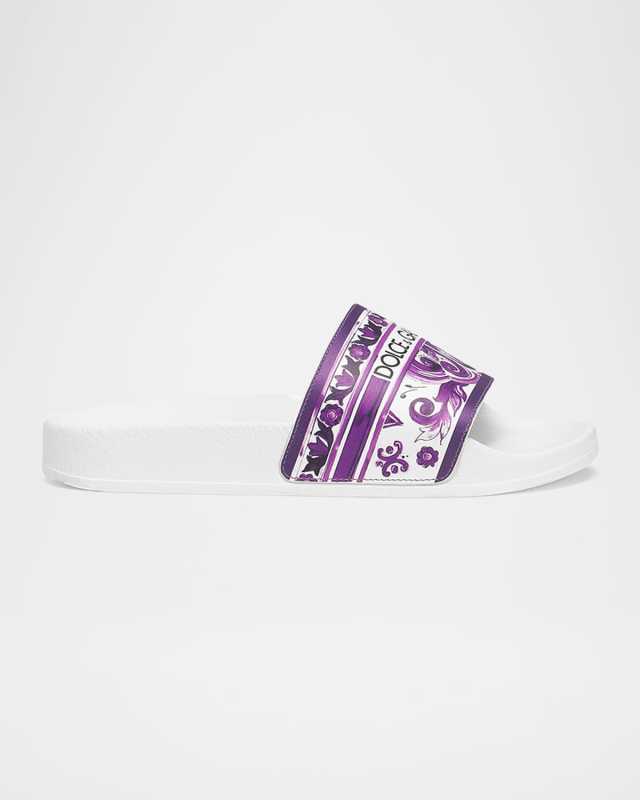 Girl's Majolica-Print Leather Slide Sandals, Toddler/Kids